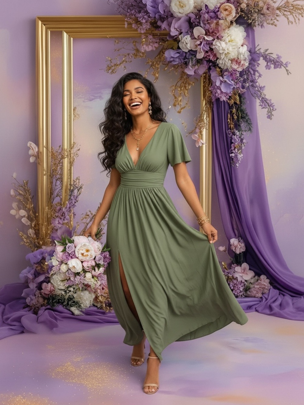 Green Maxi Dress with Flutter Sleeves and V-Neck - Picture 3 of 7